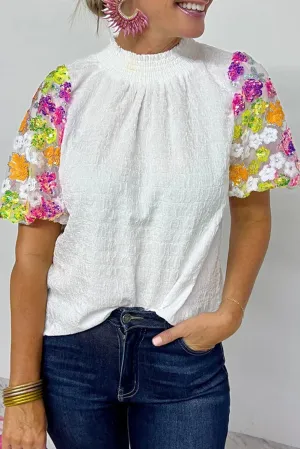 White Smocked Collar Sequin Flower Puff Sleeve Textured Top