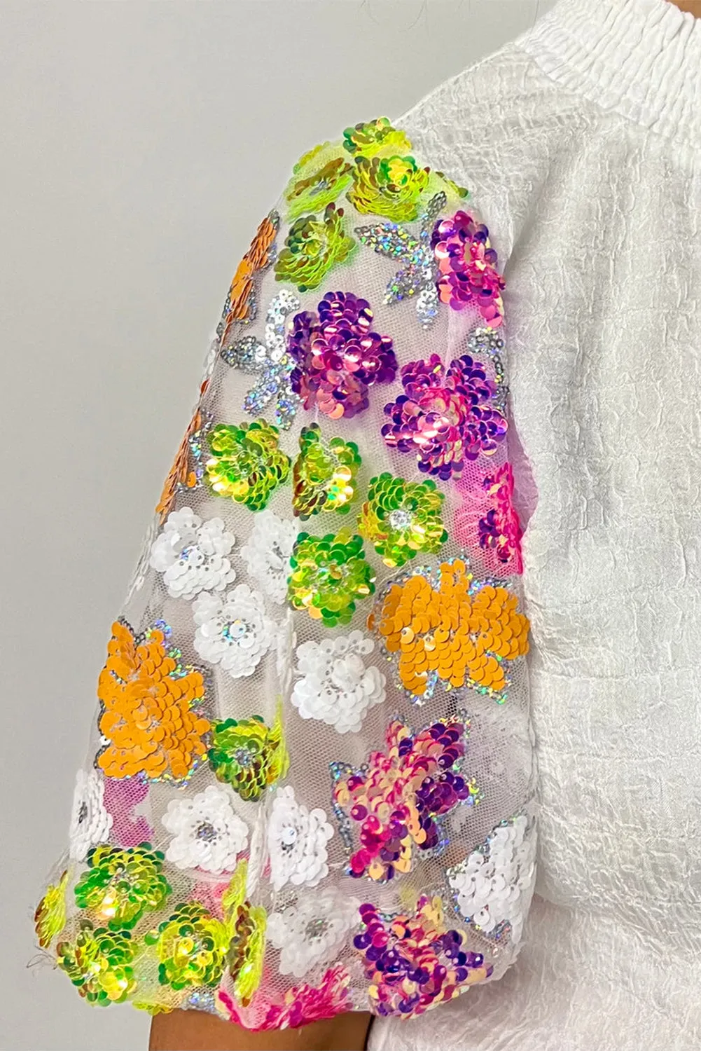 White Smocked Collar Sequin Flower Puff Sleeve Textured Top