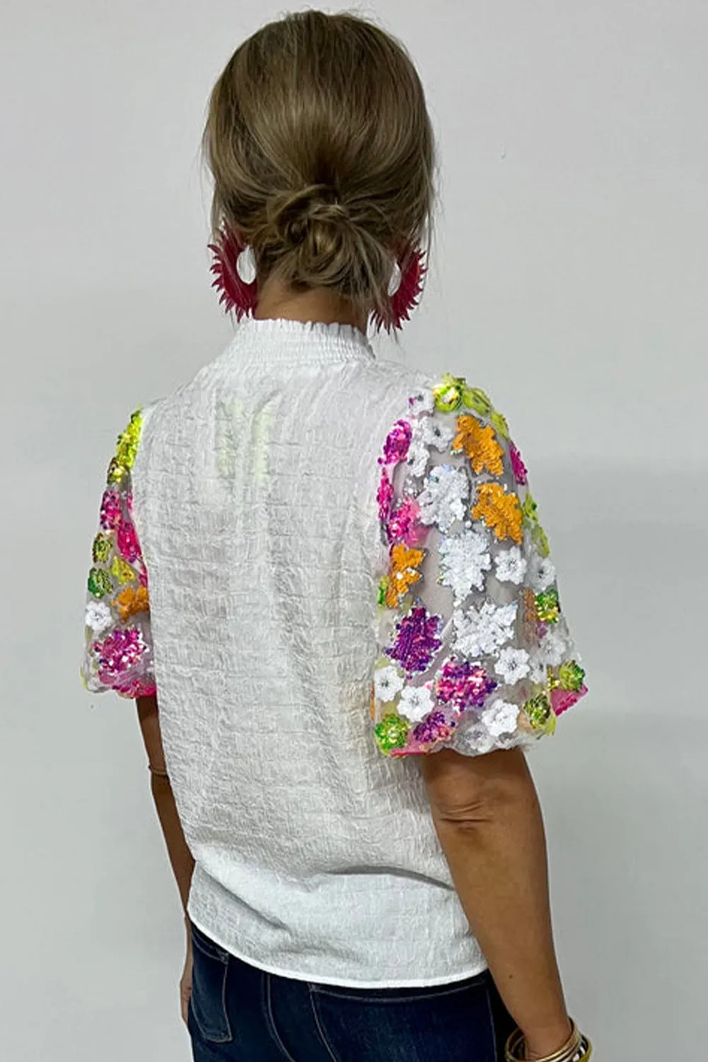 White Smocked Collar Sequin Flower Puff Sleeve Textured Top