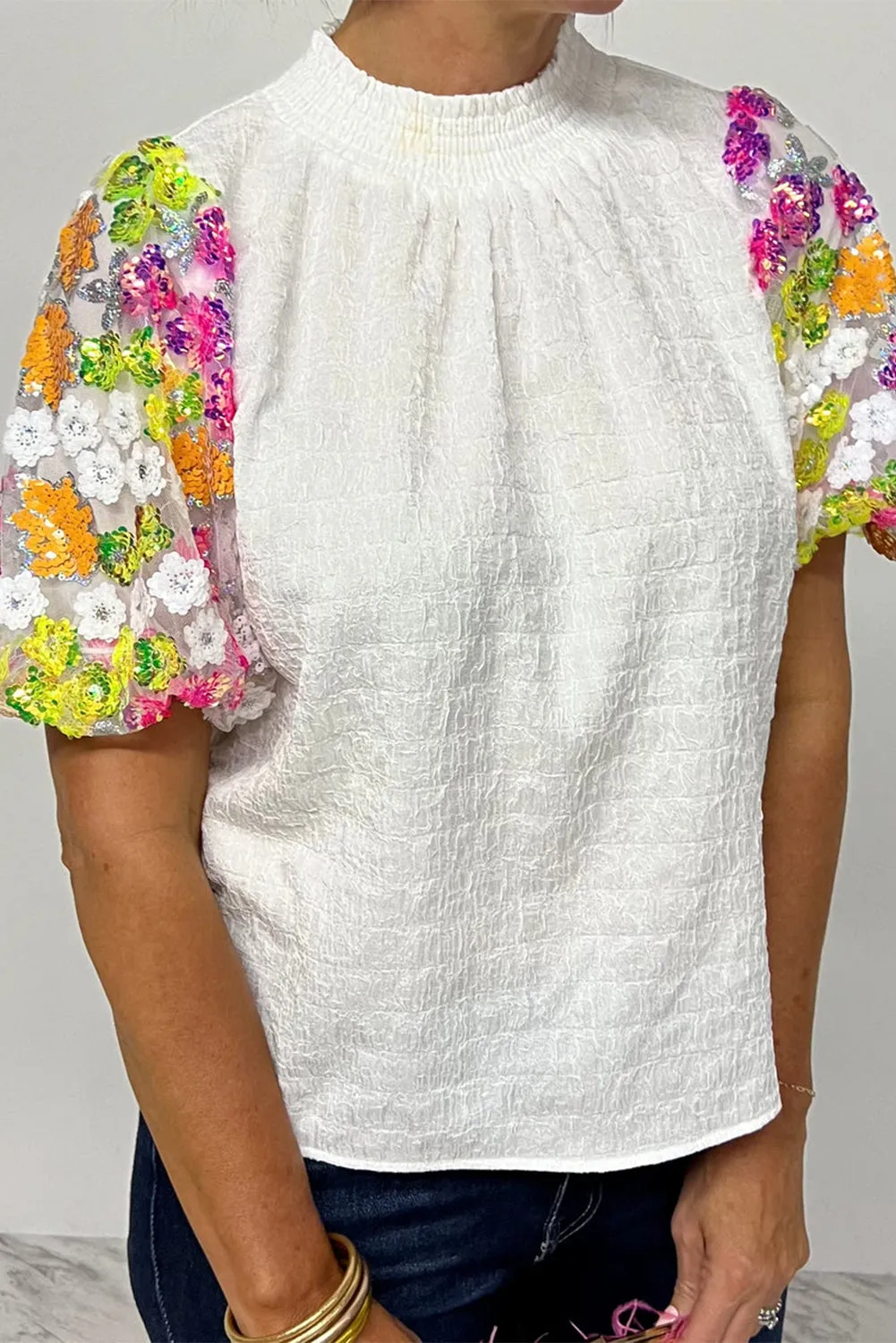 White Smocked Collar Sequin Flower Puff Sleeve Textured Top