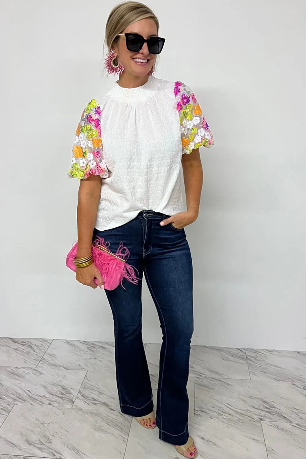 White Smocked Collar Sequin Flower Puff Sleeve Textured Top
