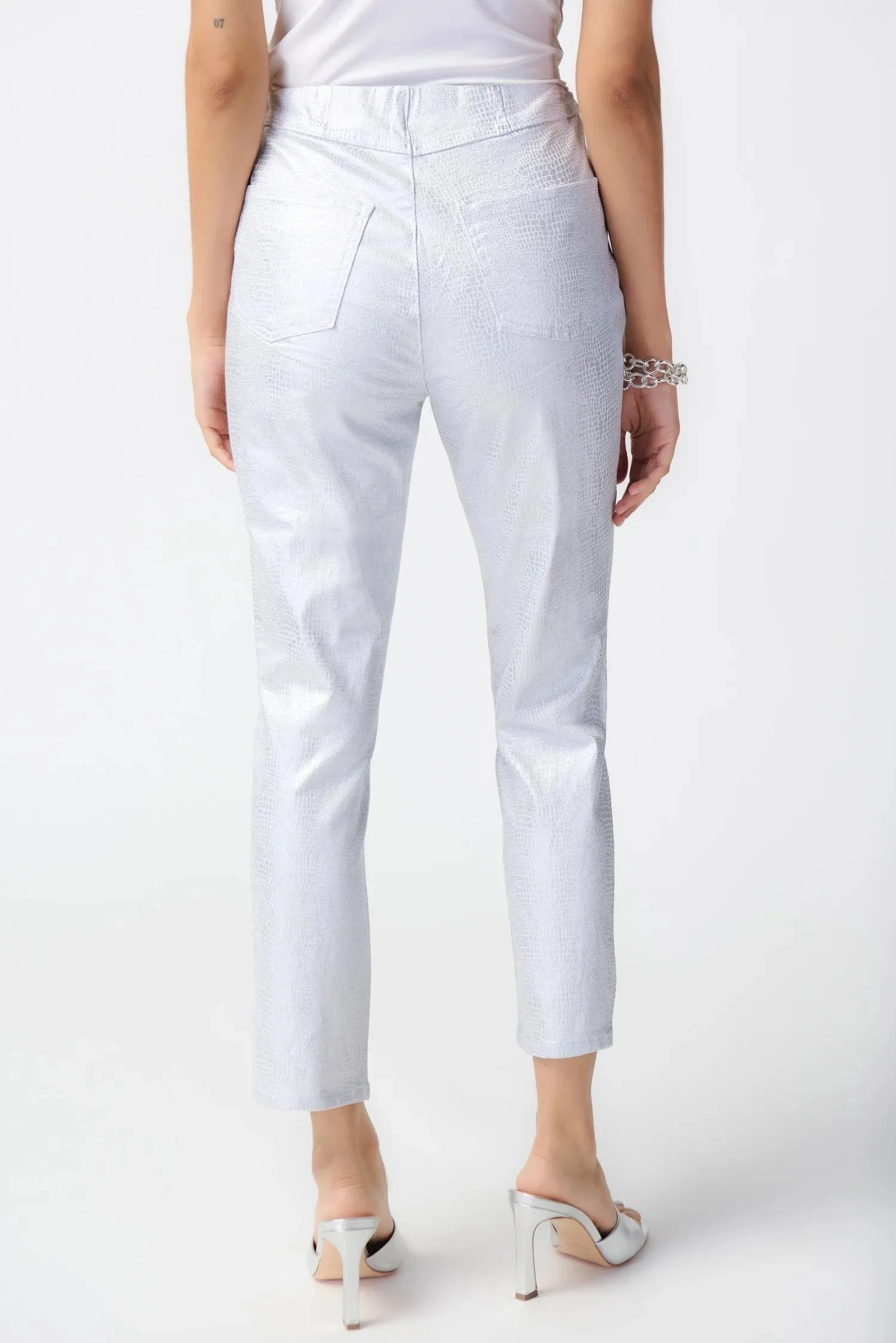 White/Silver Metallic Animal Print Pull-On Jeans Style 241932