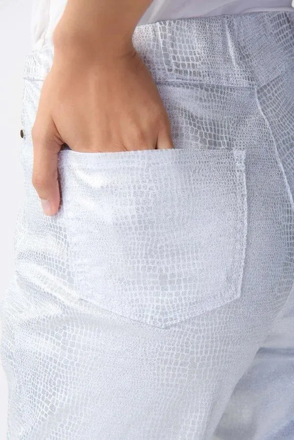 White/Silver Metallic Animal Print Pull-On Jeans Style 241932