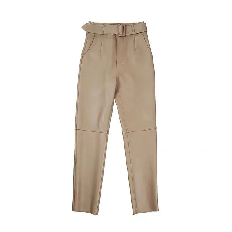 Women Cropped Leather Pants Slim Belt Pencil Pants Solid Leather Sheepskin Harem Pants Casual 2022 New TF4054