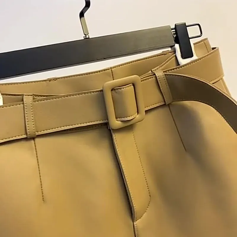 Women Cropped Leather Pants Slim Belt Pencil Pants Solid Leather Sheepskin Harem Pants Casual 2022 New TF4054