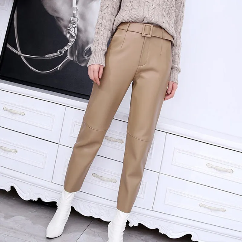 Women Cropped Leather Pants Slim Belt Pencil Pants Solid Leather Sheepskin Harem Pants Casual 2022 New TF4054