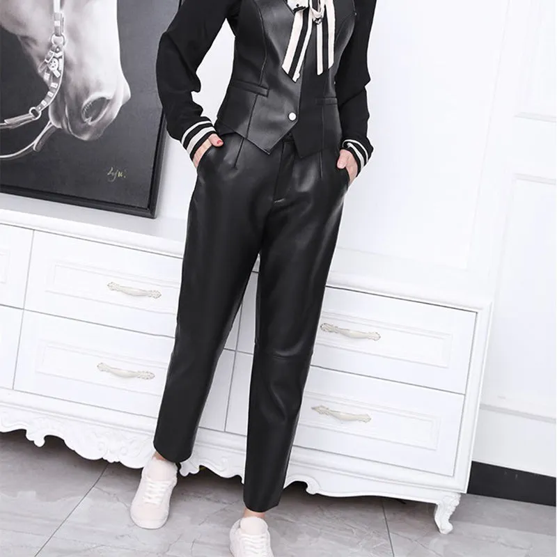 Women Cropped Leather Pants Slim Belt Pencil Pants Solid Leather Sheepskin Harem Pants Casual 2022 New TF4054