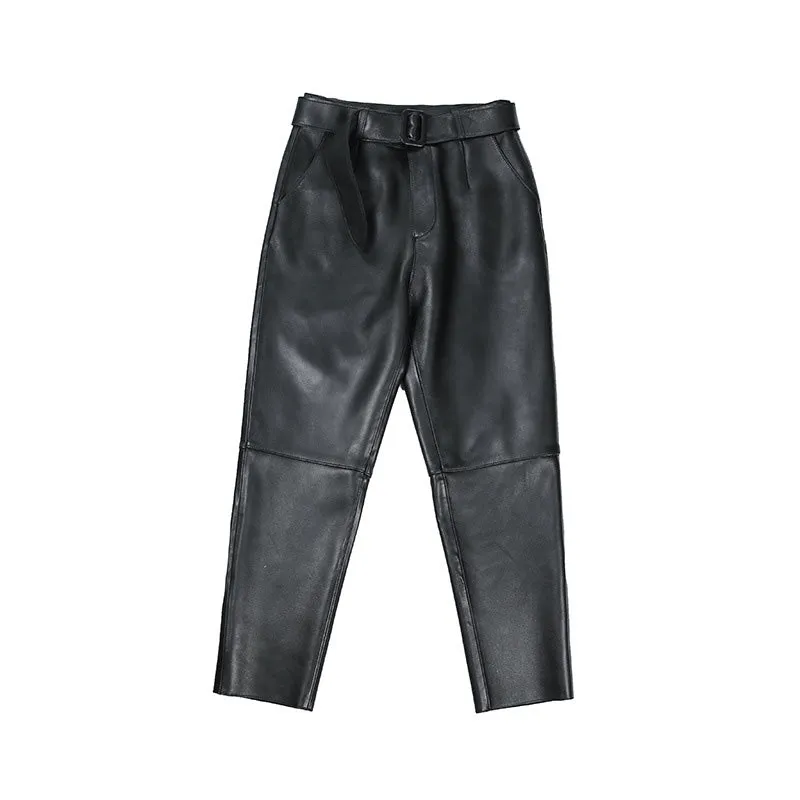 Women Cropped Leather Pants Slim Belt Pencil Pants Solid Leather Sheepskin Harem Pants Casual 2022 New TF4054