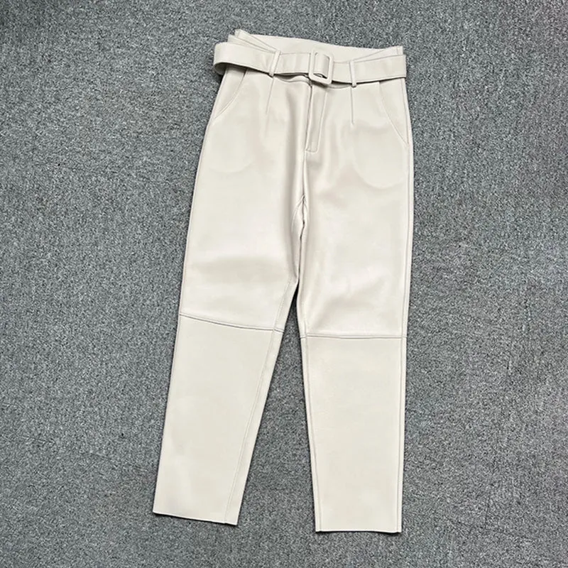 Women Cropped Leather Pants Slim Belt Pencil Pants Solid Leather Sheepskin Harem Pants Casual 2022 New TF4054