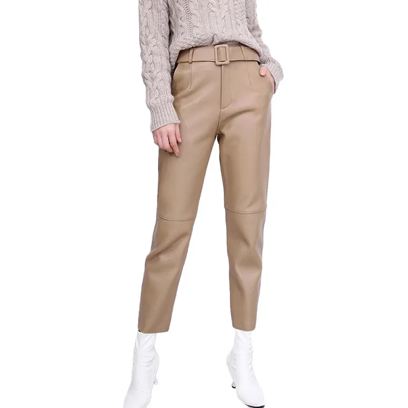 Women Cropped Leather Pants Slim Belt Pencil Pants Solid Leather Sheepskin Harem Pants Casual 2022 New TF4054