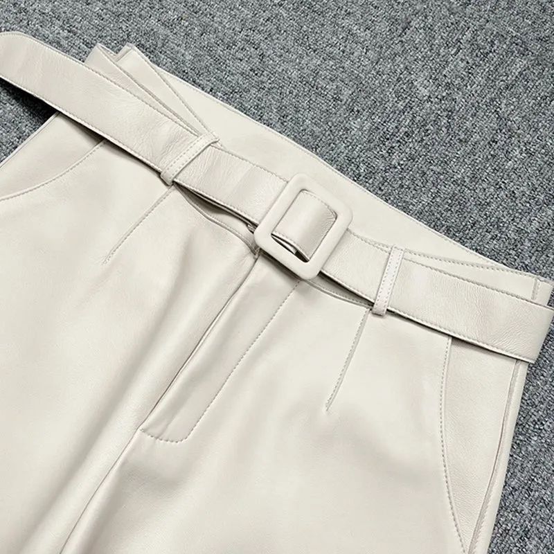 Women Cropped Leather Pants Slim Belt Pencil Pants Solid Leather Sheepskin Harem Pants Casual 2022 New TF4054