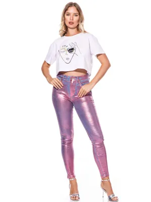 WOMEN'S BUTTON CLOSURE POCKETS METALLIC SKINNY LEG DENIM PANTS