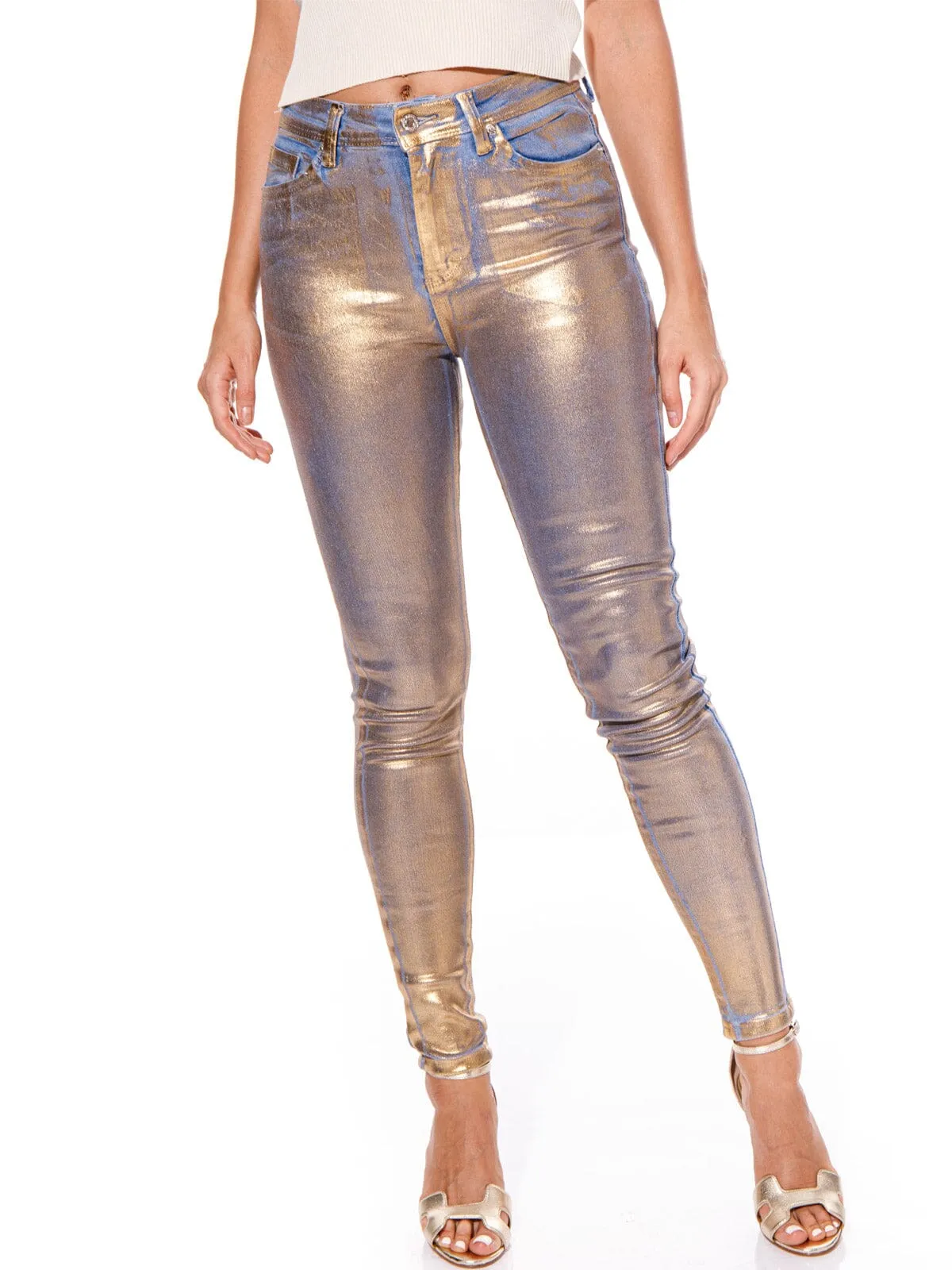 WOMEN'S BUTTON CLOSURE POCKETS METALLIC SKINNY LEG DENIM PANTS