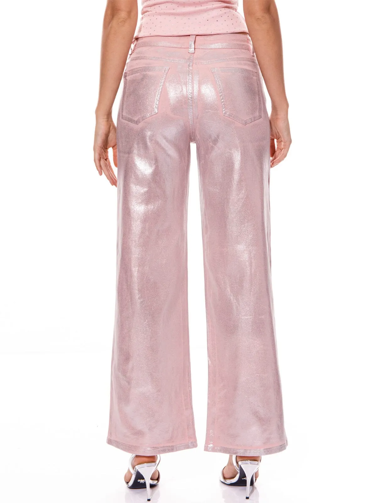 WOMEN'S BUTTON CLOSURE POCKETS METALLIC WIDE LEG PANTS