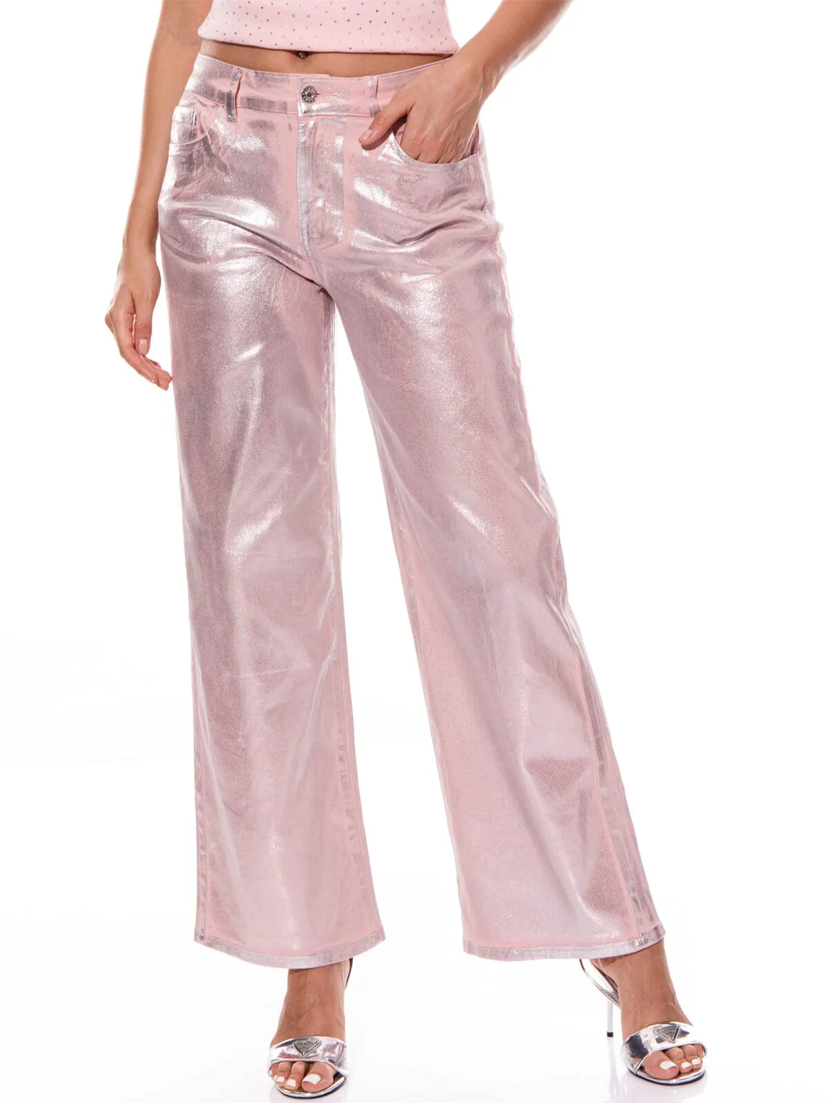 WOMEN'S BUTTON CLOSURE POCKETS METALLIC WIDE LEG PANTS