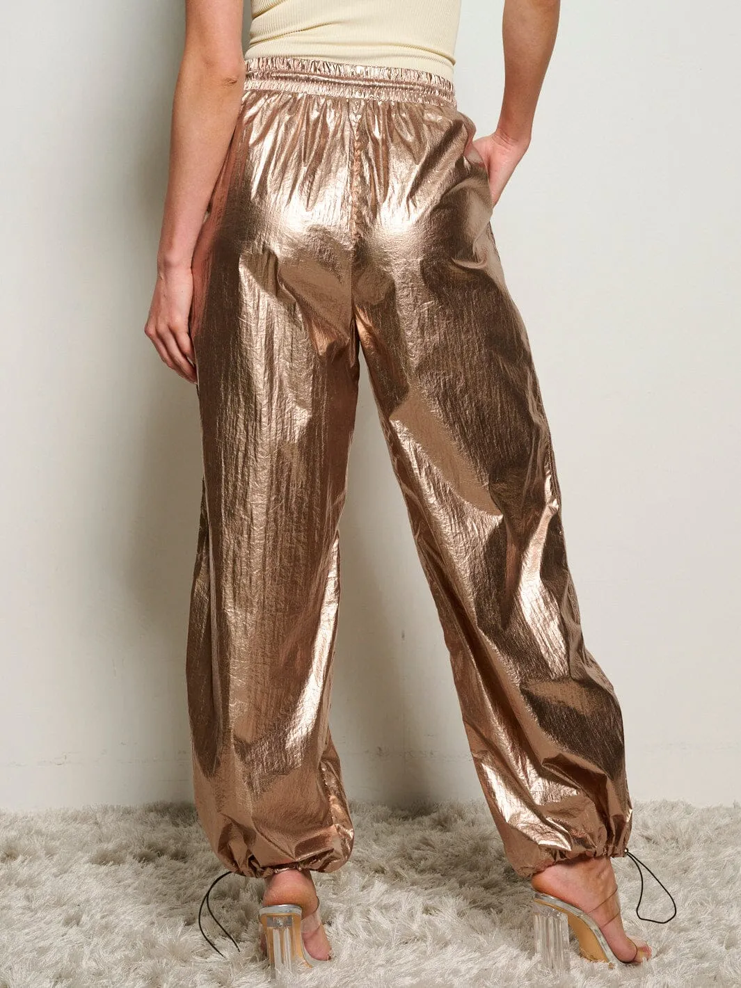 WOMEN'S ELASTIC WAIST POCKETS JOGGER METALLIC PANTS