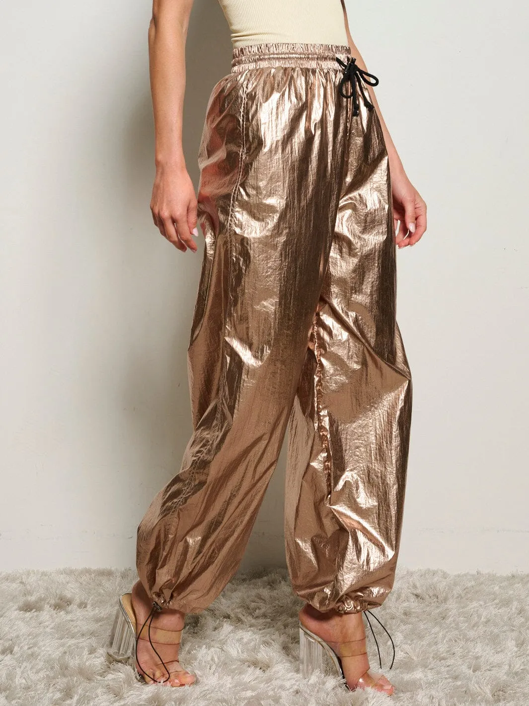 WOMEN'S ELASTIC WAIST POCKETS JOGGER METALLIC PANTS