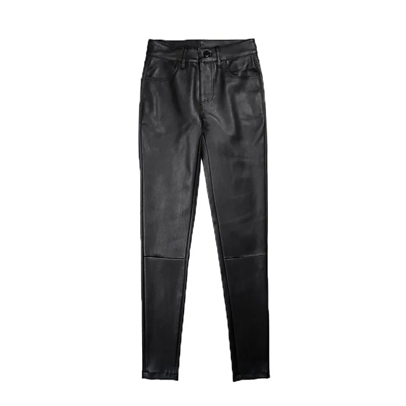 Women's Leather Sheepskin Pants Skinny Wrap Hip Elastic Pencil Pants Solid Slim Casual Trousers 2022 New TF3916