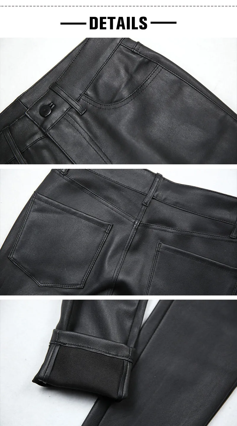 Women's Leather Sheepskin Pants Skinny Wrap Hip Elastic Pencil Pants Solid Slim Casual Trousers 2022 New TF3916