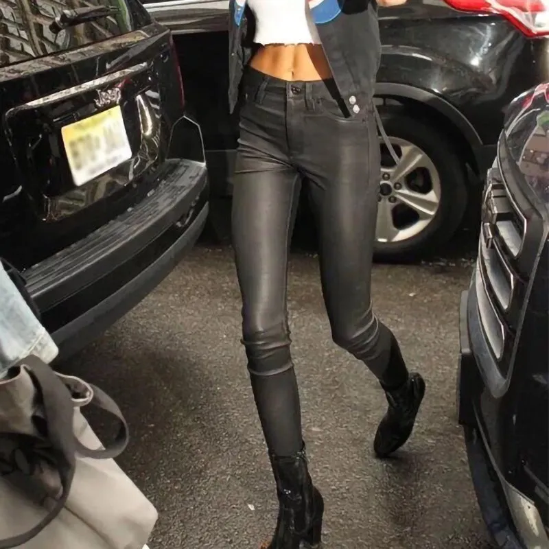 Women's Leather Sheepskin Pants Skinny Wrap Hip Elastic Pencil Pants Solid Slim Casual Trousers 2022 New TF3916
