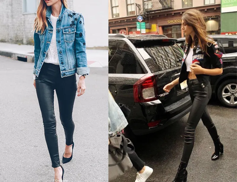 Women's Leather Sheepskin Pants Skinny Wrap Hip Elastic Pencil Pants Solid Slim Casual Trousers 2022 New TF3916