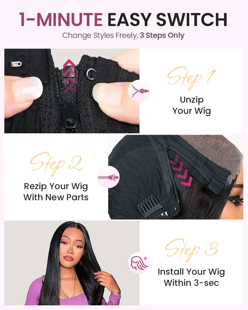 ZIP&Mix-All Wigs | Straight Natural Black Glueless 6x5 Pre-Cut Lace Wig With Optional Replaceable Tops