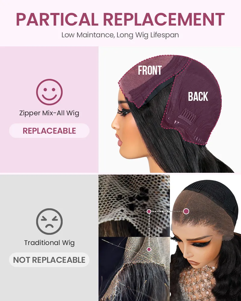ZIP&Mix-All Wigs | Straight Natural Black Glueless 6x5 Pre-Cut Lace Wig With Optional Replaceable Tops